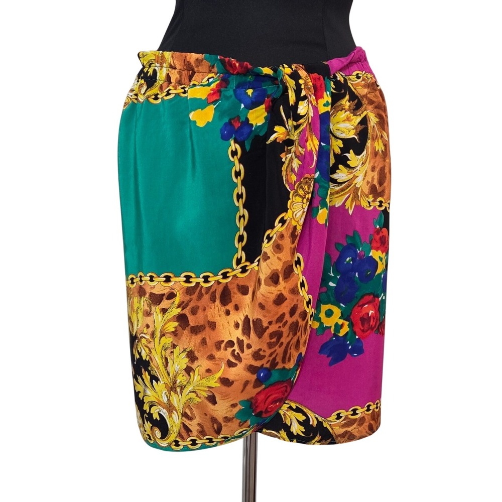 Gottex Vintage 90s Baroque Chain Leopard Floral Print Rayon Mini Skirt Medium